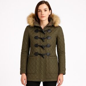 BURBERRY BRIT QUILTED TOGGLE LANSDOWNE COAT W/FUR HOOD XS